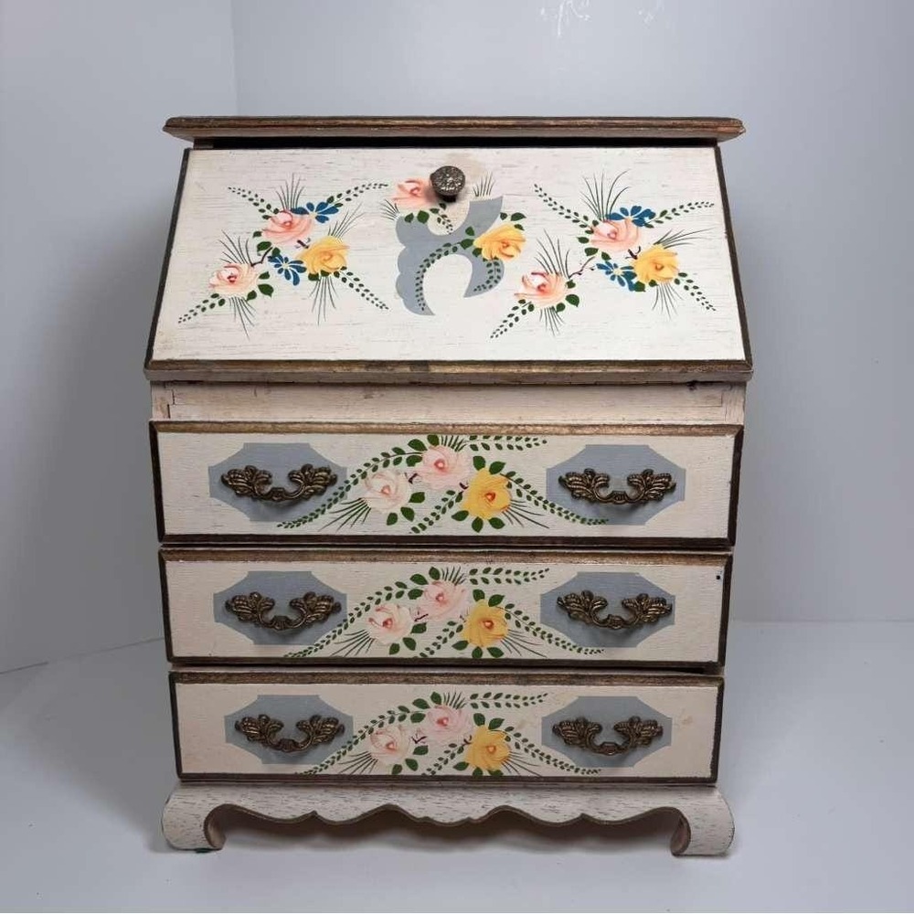 VTG Andrea by Sadek hand-painted wooden jewelry music box cream floral design